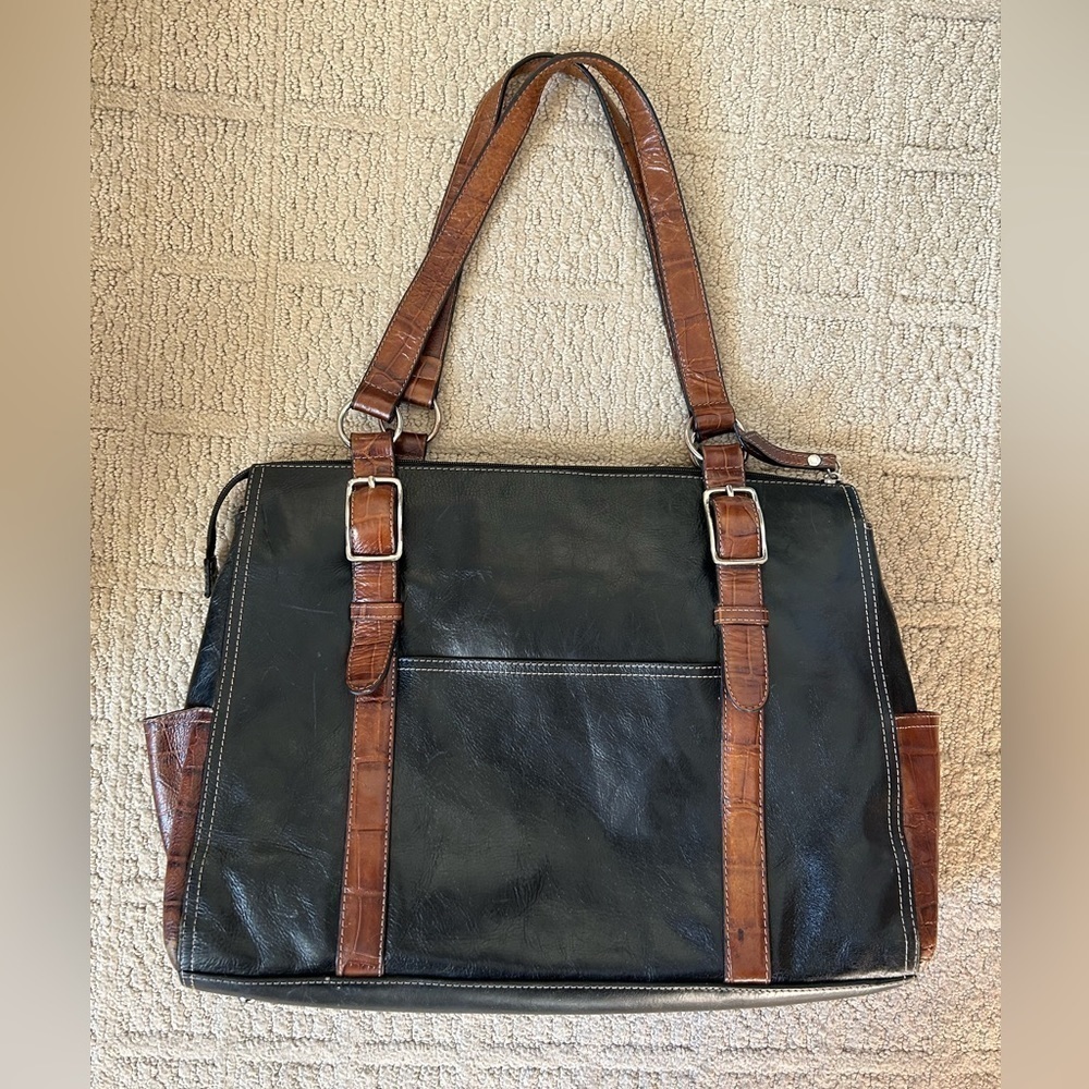 Fossil black travel tote with brown croco trim